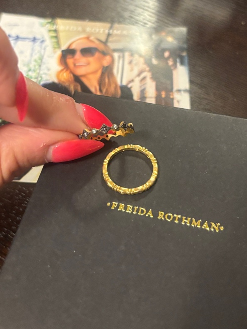 Freida Rothman 2 piece stacking Rings with Black Accents and gold CZ’s size 5